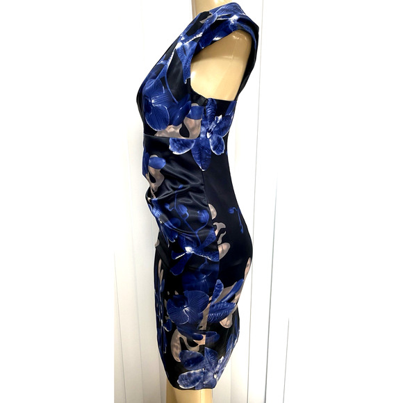 Karen Millen Floral Sheath Dress Asymmetrical Neck Blue Satin Cap Sleeve DK157 6 - Picture 3 of 8